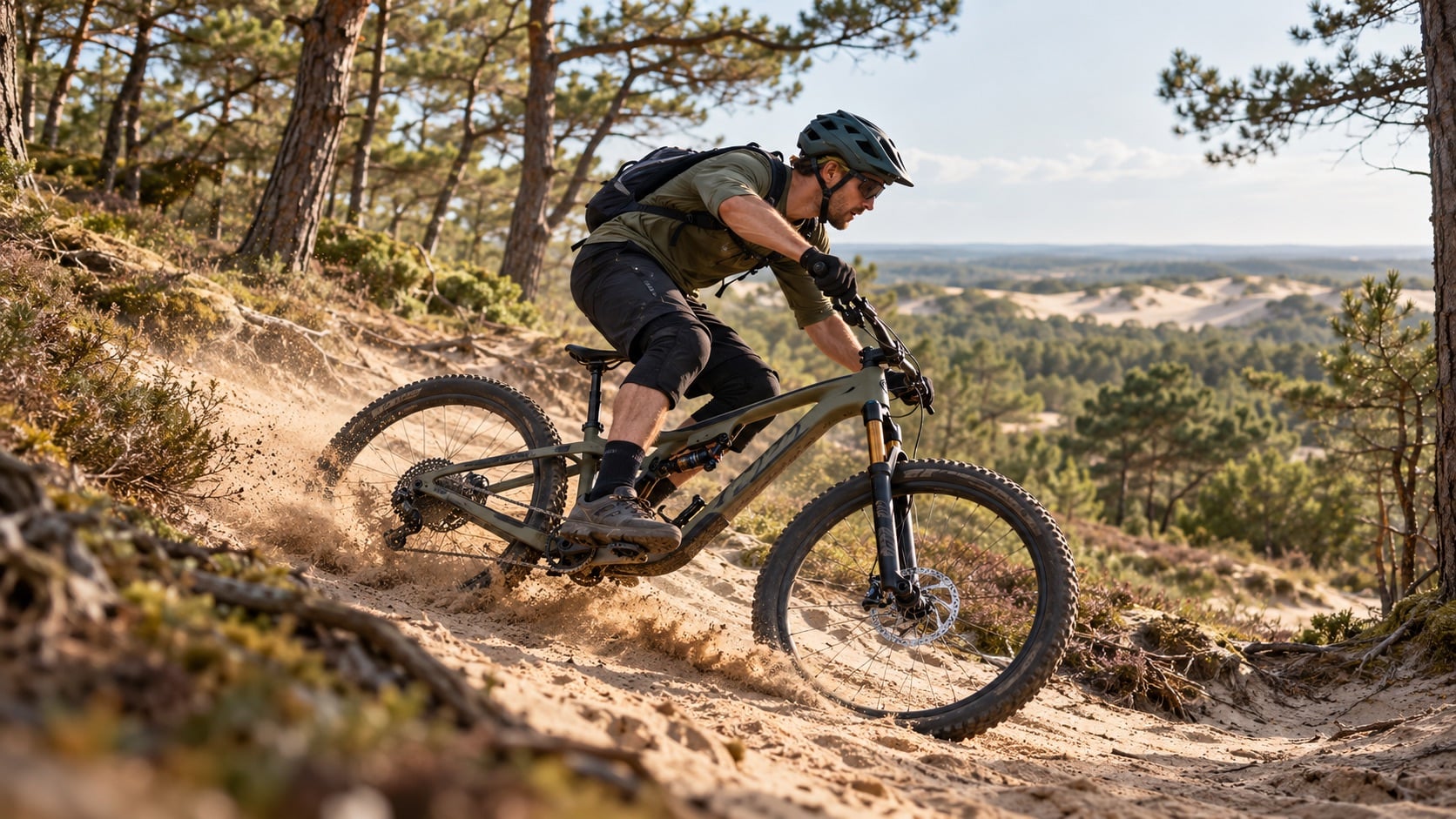 Mountainbiker daalt af door de duinen met het zadel omlaag dankzij een dropper seatpost