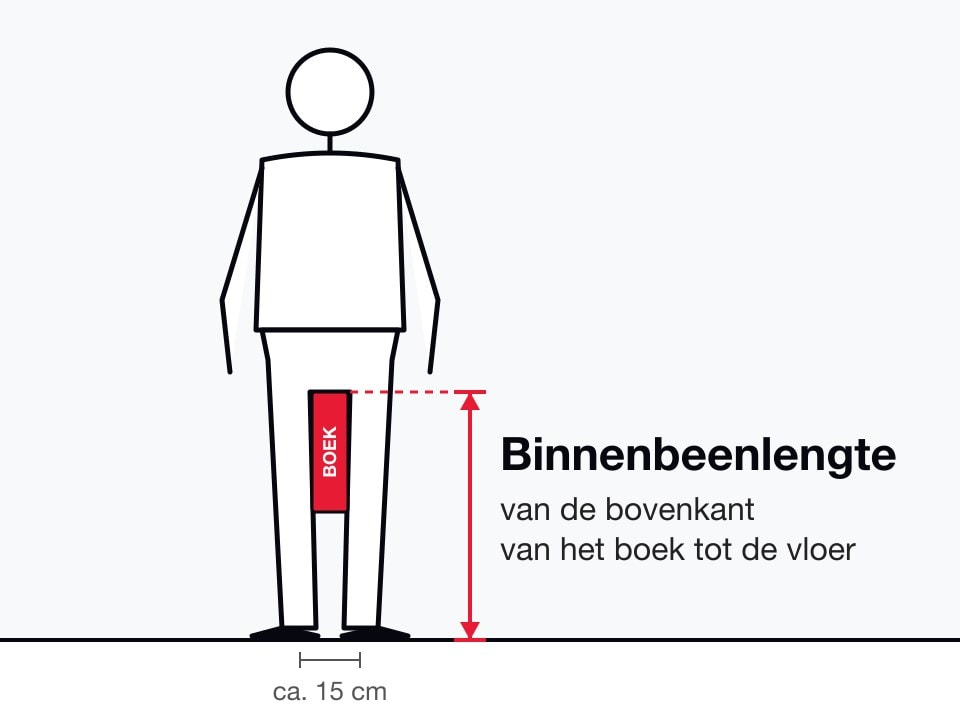 Framemaat mountainbike meten: tekening van het meten van je binnenbeenlengte, met een boek rechtop tussen de benen en een pijl van de bovenkant van het boek tot de vloer