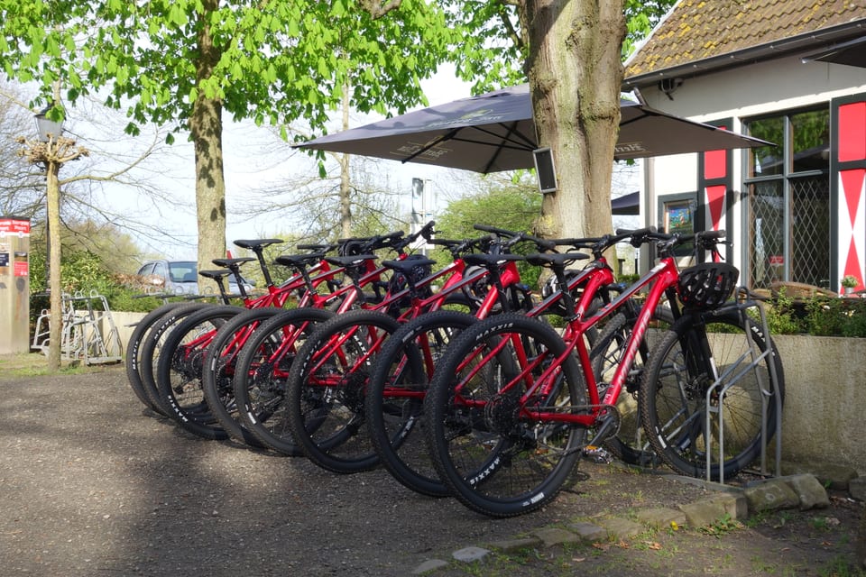 Huurmountainbikes in verschillende framematen naast elkaar in het fietsenrek bij de verhuur in Dorst