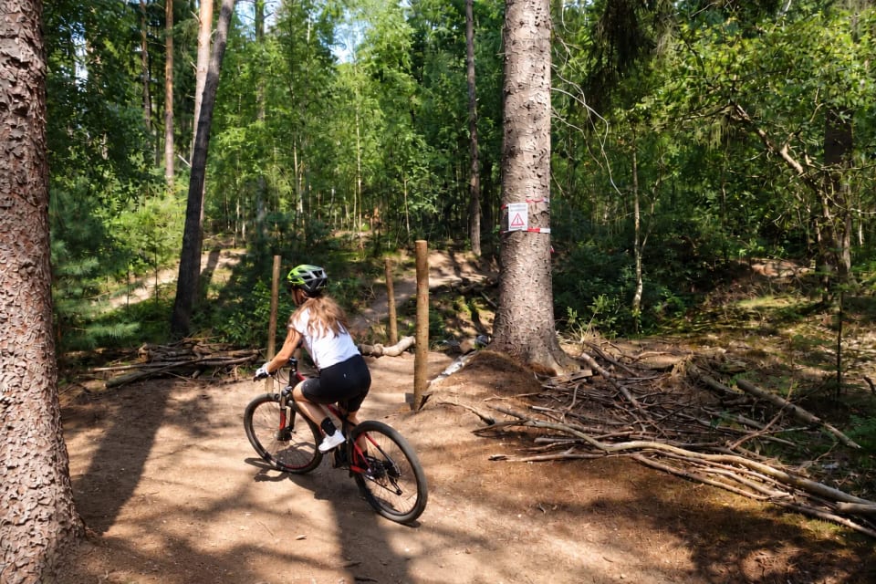 Framemaat voor kinderen: meisje met helm op een mountainbike, van achteren gezien op een bospad