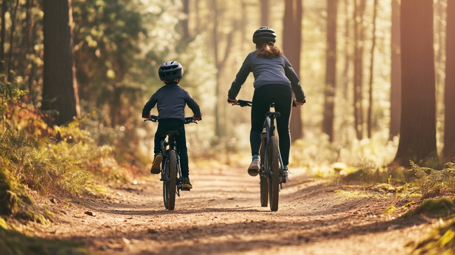Ouder en kind mountainbiken achter elkaar over een zonnig bospad